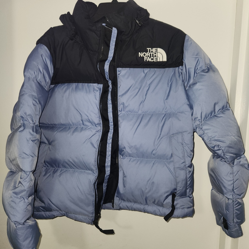 The North Face Women Nuptse Light Blue and Black Puffer Jacket